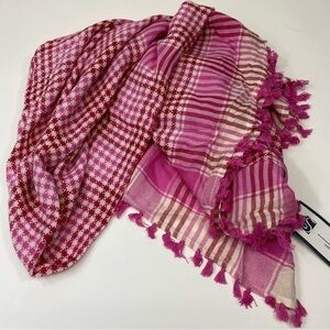 Pink check plaid scarf with fringe